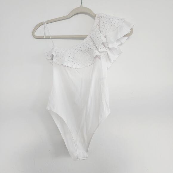 Zara White Asymmetric Ruffle Eyelet Embroidered Neckline Bodysuit Top Size Small - Picture 3 of 8